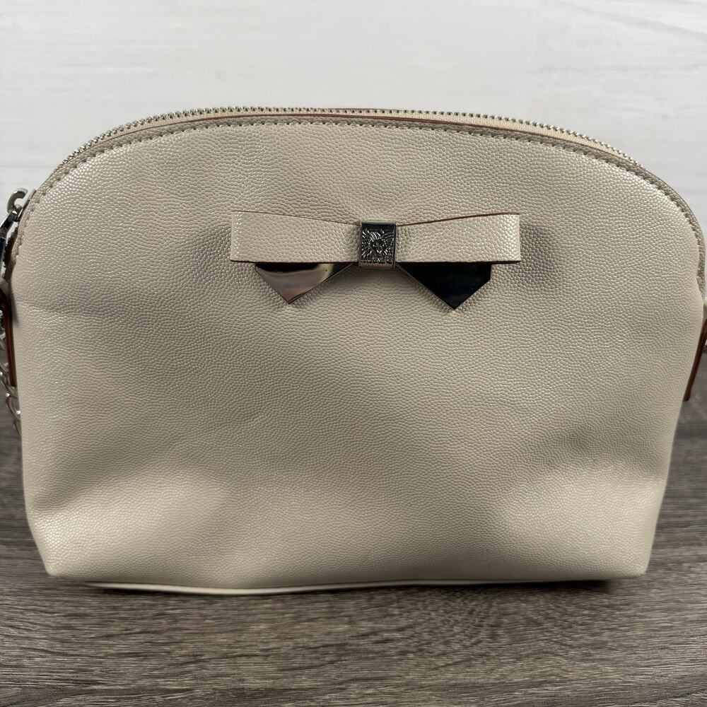 Anne Klein Ivory Bow Lion Logo Crossbody Bag Silver Chain Faux Leather Purse